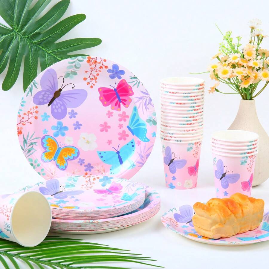 Floral Butterfly Pattern Disposable Tableware Set, 7/9 Inch Party Plates, Disposable Paper Plates And Cups Suitable For Holidays, Weddings, Engagements, Weddings, Birthdays, Parties, Celebration Events - Multicolor - View 1