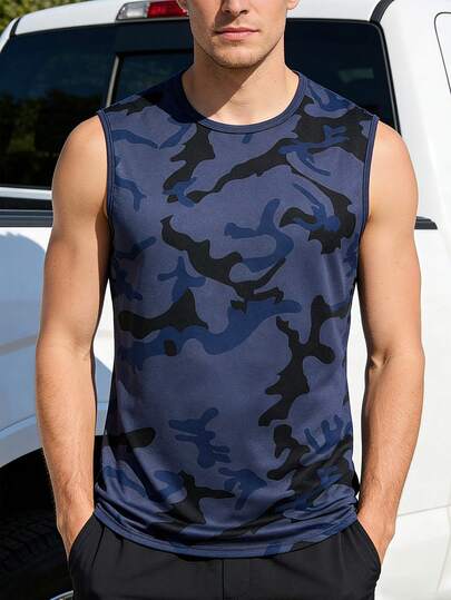 Chaleco sin mangas de camuflaje para hombres, camiseta deportiva, top de fitness de hombros anchos, para verano