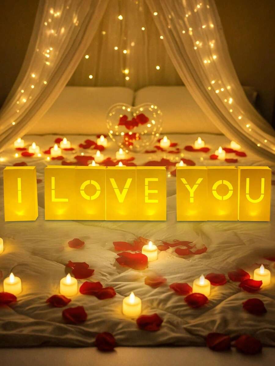 8pcs Valentine's Day Candle Holders, "I Love You" Illuminated Letters - Glow-In-The-Dark Paper Bags For Anniversary And Valentine's Day Decorations, Perfect For Romantic Settings, Special Evenings And Women's Anniversary Decorations.