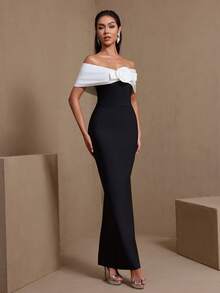 Black & White Color Block Off-Shoulder Ruched Bandage Formal Dress, Suitable For Party, Wedding, Formal Dinner - Black and White - View 7