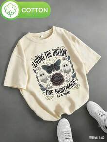 Women's Retro Gothic Halloween T-Shirt - Fantasy Ghost Pattern Short Sleeve Shirt - Black Retro Top With Ghosts, Roses, And Nightmare Quotes - Lightweight Summer Theme Party Casual Wear, Fun Aesthetics, Breathable Fabric, Unique Fashion, Alternative  - Unisex Plus Size Top - 杏色 - 查看 1