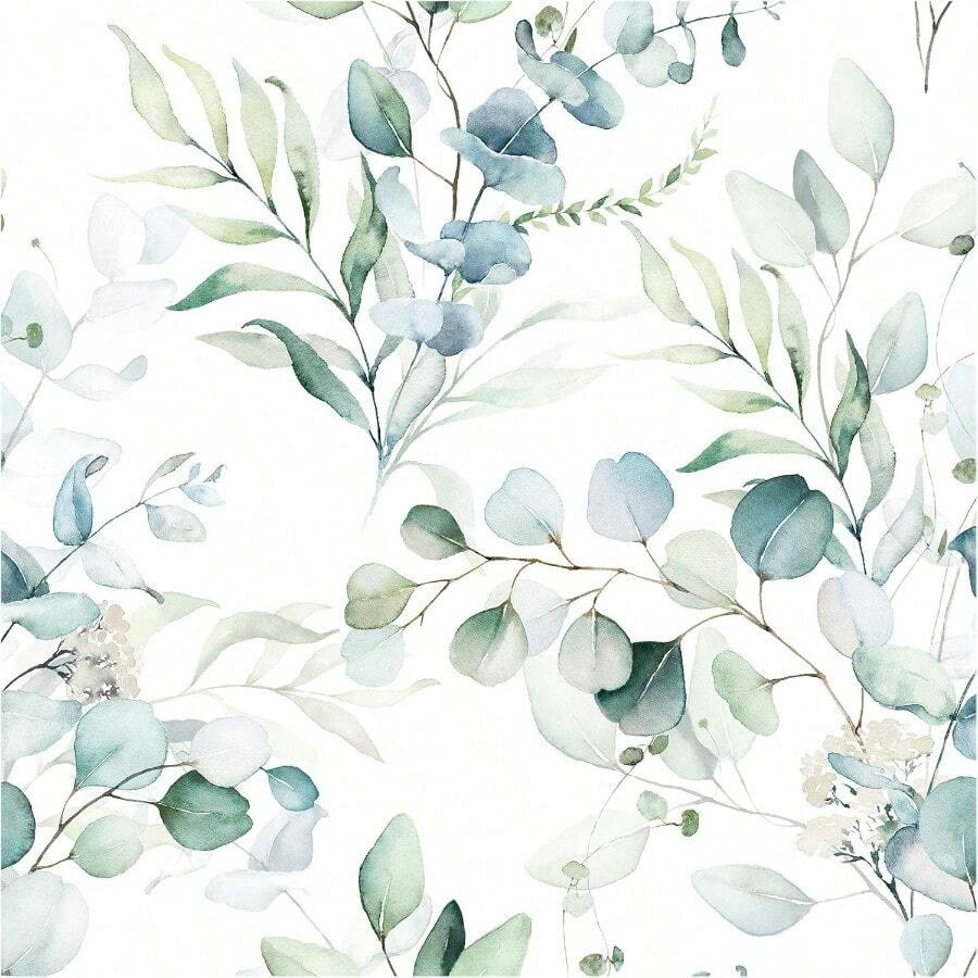 HAOKHOME Papel pintado de pared con hojas de eucalipto verde y blanco decoración bohemia para el hogar cuarto de bebé 45 x 300 CM - FloralVerdeBlanco - Ver 1