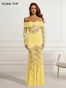 Vestido de fiesta elegante y sexy de encaje con volantes y parches de encaje, para boda en la playa, fiesta, noche, cóctel o graduación, de unicolor - Amarillo - Ver 9