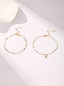 Nooxian 2件套时尚奢华双层链条脚链套装，配立方氧化锆星形吊坠 - 金黃色 - 查看 3