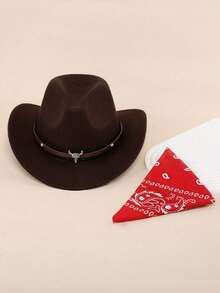 2 Pcs Kids Felt Panama Hats Classic Wide Brim Rancher Fedora With Belt Buckle Western Cowboy Costume Set Including Cowgirl Hat And Bandana - Hats and Handkerchiefs - View 5