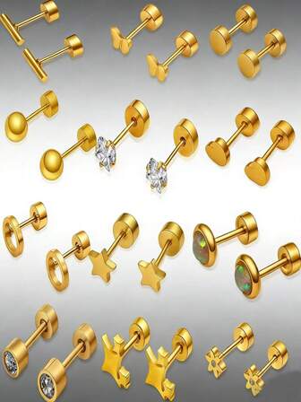 24 piezas Juego de Aretes: Aretes de Acero Inoxidable Chapados en Oro de 18K - Mariposa/Corazón/Circonita Cúbica/Estrella/Patrones Geométricos. Aretes de Acero Inoxidable Hipoalergénicos, Diseño Minimalista. Regalo Perfecto para el Día de San Valentín para tu Novia.