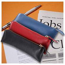 BTSKY - Estuche de lápiz de cuero auténtico con cierre - Bolsa de papelería con cremallera estuche para bolígrafos Negro nuevo - 827x236 pulgadas - Ver 7