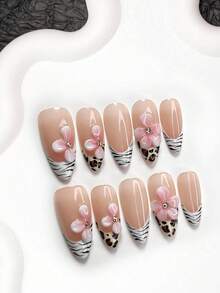 10件套极简亚克力美甲套装，适合秋冬季节，包含法式按压式棺材甲、杏仁甲、鸭嘴甲、手工花朵美甲贴纸、豹纹美甲贴纸、水波纹美甲贴纸和白色指甲油凝胶，适合女性在假期和秋冬季节佩戴。套装包含工具包（1个果冻贴纸+1个指甲锉），是送给女士的绝佳礼物。 - 彩色 - 查看 3