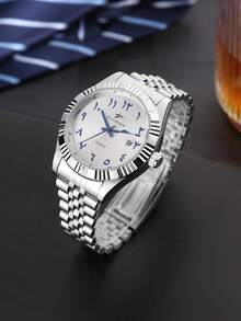 RICECGO 1pc Men's Classic Quartz Steel Band Wristwatch With Calendar Display, Suitable For Daily Wear, Business Occasions, High-End Sophisticated Gift - Silver - View 8