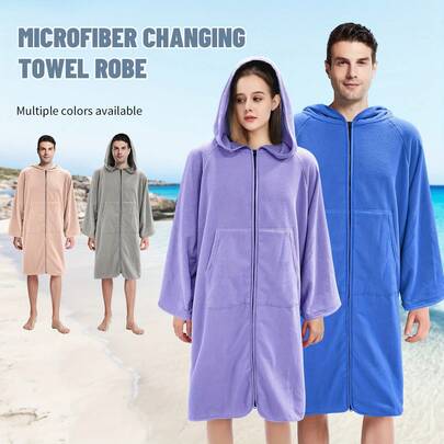 1pc Adult Microfiber Hooded Bathrobe - Long Sleeve Design, Wearable Beach Towel, Suitable For Surfing, Swimming, Bathing And Outdoor Sports, Multiple Colors Available, Polyester Material, Outdoor Sports Bathrobe | Vibrant Printed Design