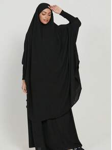 2pcs Nida Fabric Women Loose Comfortable Khimar Abaya Dress Set, Elastic Sleeve Design, Loose Fit, Conservative, Suitable For Women's Daily Wear, Prayer Hijab Jilbab - 彩色 - 查看 1