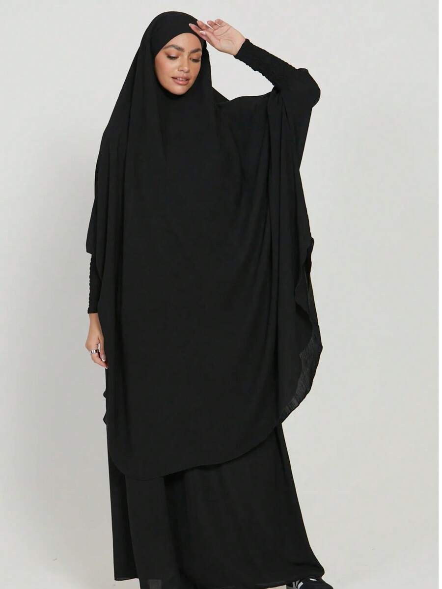2pcs Nida Fabric Women Loose Comfortable Khimar Abaya Dress Set, Elastic Sleeve Design, Loose Fit, Conservative, Suitable For Women's Daily Wear, Prayer Hijab Jilbab - 彩色 - 查看 1