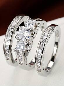 时尚戒指，多层设计，镶嵌闪亮锆石，多种颜色可选，适合日常佩戴，也是派对的理想配饰 - 銀色-白 - 查看 10