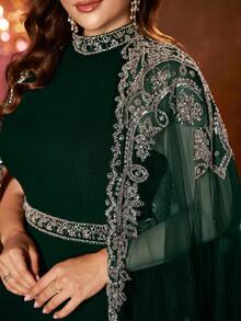 UNITHORSE Plus 女士立领超长袖针织拼接网纱奢华贴花装饰长款晚礼服，正式厚重晚礼服，适合颁奖典礼、晚宴和其他正式场合，如派对、婚礼等。 - 墨綠色 - 查看 5