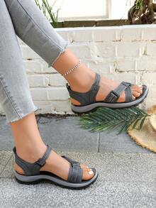 Women's Summer Sandals, Roman Style Open Toe Thin Strap Flat Sandals, Beach Woven Fabric Hook And Loop Strap Women Flat Beach Sandals - Grey - View 15