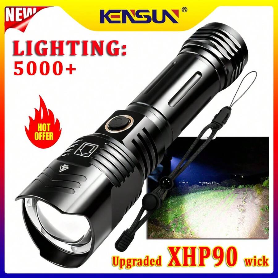 Linterna LED XHP90 súper brillante de largo alcance, linterna táctica recargable por USB, resistente al agua, iluminación de emergencia para exteriores