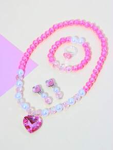 5 pièces/set Bracelet, Collier, Boucles d'oreilles, Bague et Pendentif avec perles et pierres en forme de cœur. Ensemble de bijoux mignon pour filles, convient pour les fêtes, l'école et les anniversaires - Multicolore - Voir 3