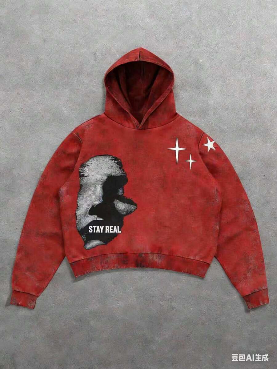 Manfinity Streetrush Men's Face & Letter Print , Casual Minimalist Graphic Streetwear Pullover Sweatshirt2025 - 紅色 - 查看 1