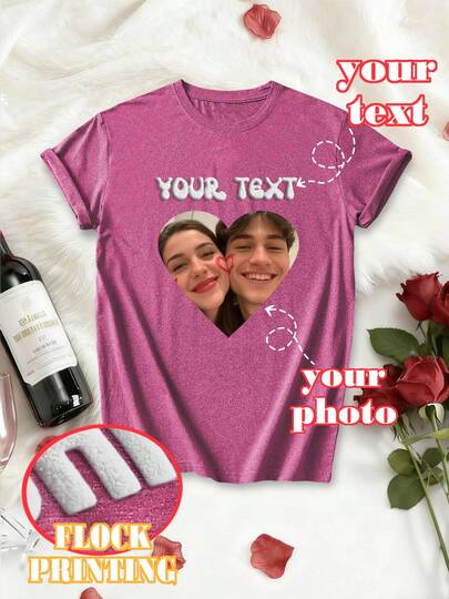 Customized Women's T-Shirt, Input Your Text, Slogan, Blessing, Upload Your Own Photo (Partner Photo/Boyfriend Photo/Girlfriend Photo, Pet Photo, Group Photo) To Design Your Personalized Printed T-Shirt, Funny Surprise Gift, Casual Outdoor Wear For Women, Sports & Outdoor, Women's Sportswear, Flocked Printing, Suitable For Outing/Shopping/Festival/Party/Gathering/Travel, Design Your Personalized Printed T-Shirt