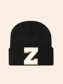 1pc Unisex Personalized Embroidered A-Z Letter Elastic Knit Beanie Hat, Fashionable Streetwear Knit Cap, Suitable For Autumn/Winter Daily Wear - Black - View 7