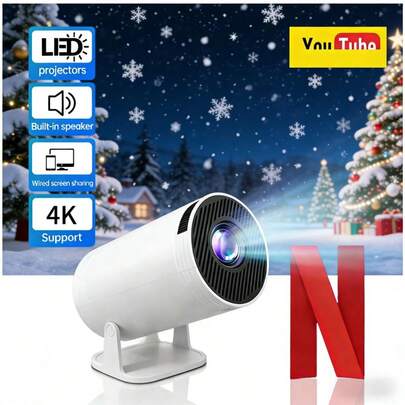 4K原生分辨率（1280*720P）迷你投影仪，配备红外遥控器，适用于智能手机、笔记本电脑、平板电脑，是绝佳的圣诞礼物。