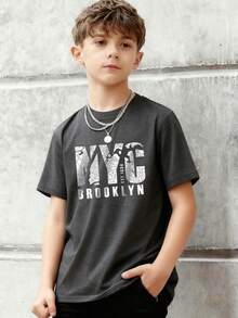 Camiseta de manga corta con cuello redondo y estampado informal para niños preadolescentes, top de verano - Gris Oscuro - Ver 8