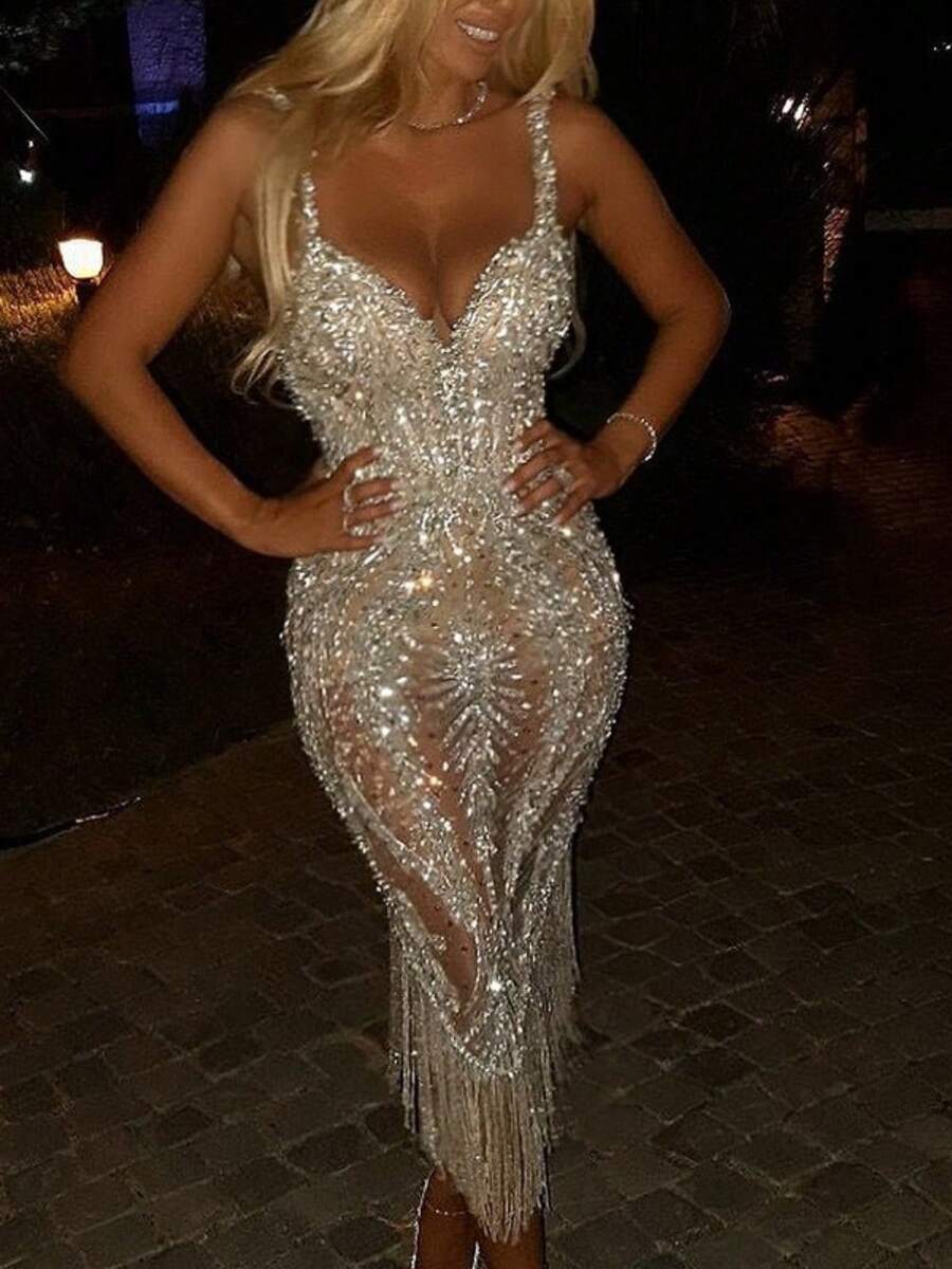 2025 New Women's Fashion Dating Birthday Party Deep V Long Sleeve Sequin Dress Small Dress Evening Dress Long Dress - Vàng - Xem 1