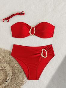 Women's Solid Color Bandeau Bikini 2 Pieces Set, Decorated With Metal Accessories, Suitable For Island Vacation, Photography, Swimming - Red - View 3
