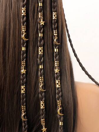 32pcs Eid Mubarak Gold 3D Star & Moon Tassel Decor Set, Bohemian Cute Hip Hop Hair Clips, Headband, Hair Rings, Braids Accessories, Eid Festival Gift, Party Decoration