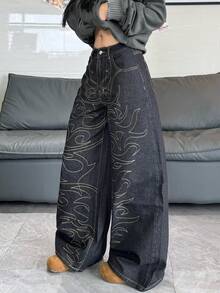 1件装女士复古美式街头风刺绣阔腿牛仔裤，宽松舒适的高街休闲裤，四季皆宜（不含腰带/配饰）黑色春季款 - 黑色 - 查看 6