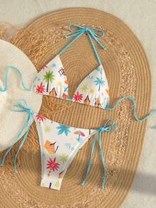 Bộ bikini buộc dây hở lưng cho nữ với quần lọt khe co giãn cao in họa tiết nhiệt đới Boho dễ thương, hoàn hảo cho những ngày hè trên bãi biển - trắng - Xem 2