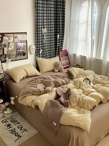 4pcs Simple Striped Bedding Set (1 Duvet Cover, 2 Pillowcases, 1 Bed Sheet), Cute Striped Pattern Cozy Style Duvet Cover, No Filling, Bedding Set Suitable For Home, Bedroom, Dormitory Decor - Yellow Stripes - View 7