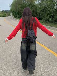 Casual Button-Up Knit Cardigan, Korean Style - Red - View 2