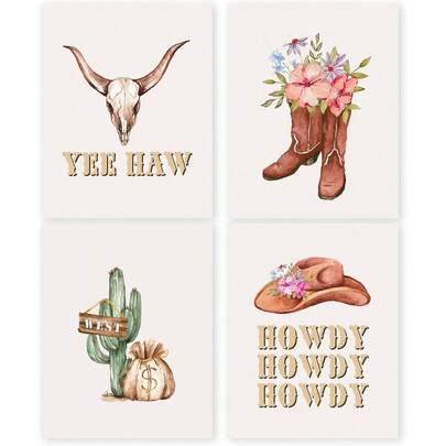 4pcs Vintage Western Wall Art Poster Prints, Cowgirl Country Room Decor, Hats Boots, Skull, Cactus, Art Prints, Wall Art, Western Coastal Cowgirl Print (Unframed)