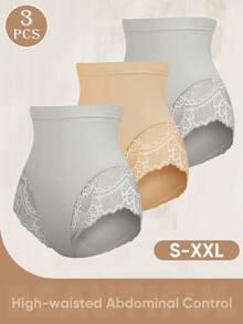 MEIYATING 3pcs High Waist Seamless Shaping Panties, Lace Pattern Underwear For Women - Multicolor - View 6