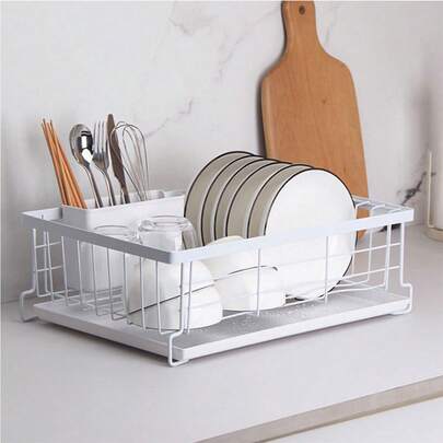 Kitchen Small Dish Drainer Rack Anti-Rust With Removable Cutlery Box & Drip Tray - White