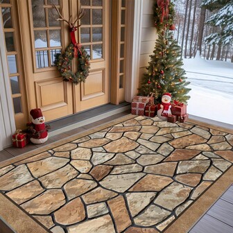 1pc Autumn Pebble Texture Carpet, Waterproof Machine Washable Plush Rug, Non-Slip For Patio, Garden, Sunroom, Deck, Large Rectangular Stone Pattern Carpet