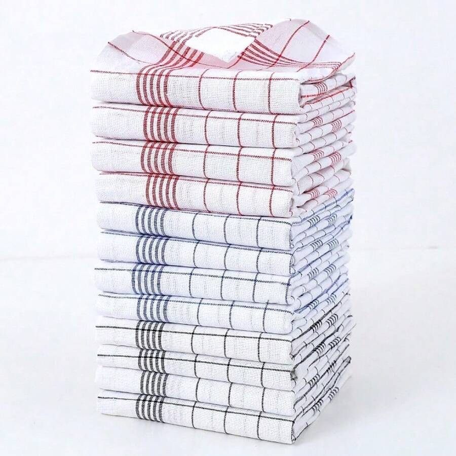 Toallas de cocina súper suaves y muy absorbentes, paños de cocina a cuadros y a rayas para un secado rápido y limpieza de platos, disponibles en 1/6/12/16 piezas y 4 colores (rojo/azul/negro/verde), esenciales para cocineros en casa, limpieza diaria de la cocina, limpieza de mostradores y uso doméstico - Multicolor - Ver 1