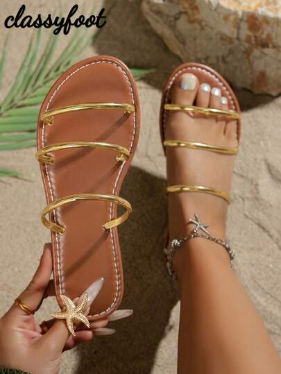 1 Pair Women's Gold Encircled Decor PU Leather Flat Sandals, Minimalist & Fashionable, Suitable For Beach Vacation