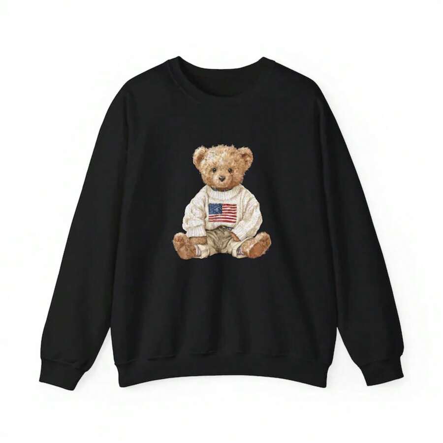 Cozy Teddy Bear Sweatshirt Featuring USA Flag, Unisex Crewneck Sweatshirt, Gift For Him/Her, Casual Wear, Fall Fashion, Holiday Gift - màu đen - Xem 1