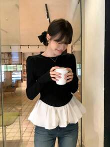 Casual Sweet Ballet Style Layered Blouse With Ruffle Trim And Long Sleeves, Suitable For Women In Spring And Autumn