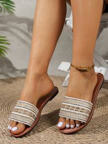 Women's New Woven Strap Layered Hollow Design Casual Beach Slippers, Versatile