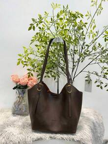 Ladies' Leather Handbag, Brown/Chocolate Brown/Black Large Capacity Shoulder Bag - Marrón - Ver 1