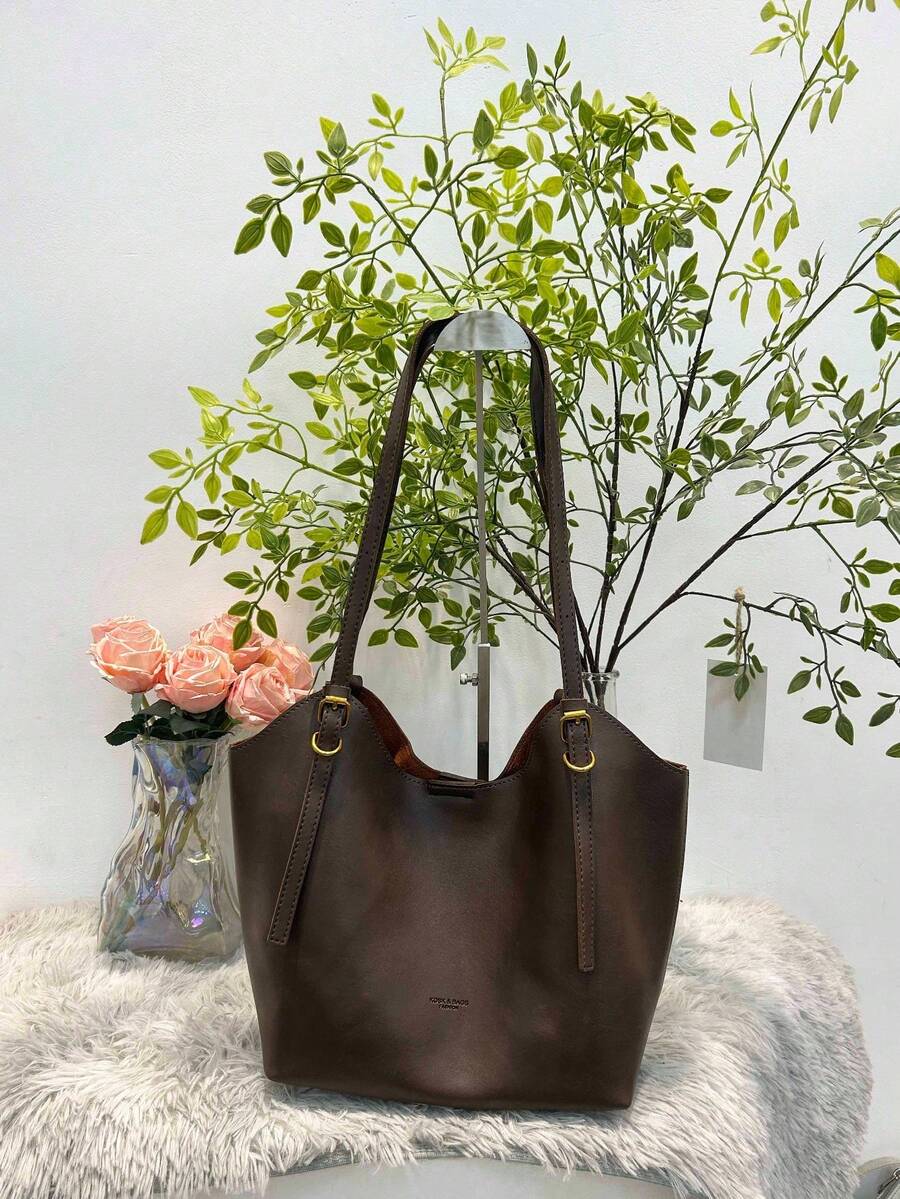 Ladies' Leather Handbag, Brown/Chocolate Brown/Black Large Capacity Shoulder Bag - Marrón - Ver 1