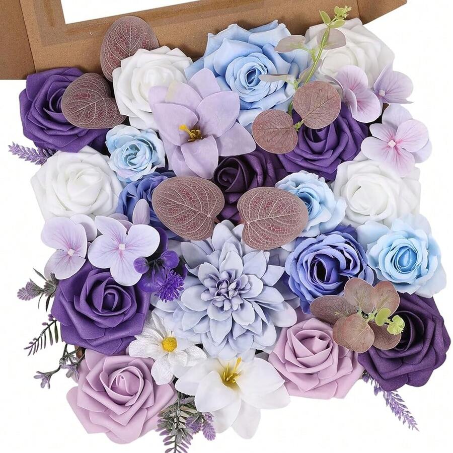[Free Shipping]Artificial Flowers Combo Purple Blue Roses Fake Flowers With Stem For DIY Wedding Bouquets Centerpieces Arrangements Bridal Ba By Shower Home Decor - Purple - 查看 1