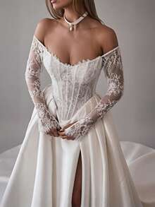Vintage Off-Shoulder Long Lace Sleeve Corset Satin Ball Gown Wedding Dress With High Slit, Wedding Dresses For Bride, Elegant And Comfortable, Including Plus Size, Bridal Gown, Formal Dresses For Women, Suitable For Wedding, Party, Vacation, Bride, Formal Occasions, Dinner Dress, Prom Dress, After-Party Dress, Homecoming Dress, Cocktail Party, Birthday Party, Celebration, Gala, Festival, Ceremony - 白色 - 查看 4