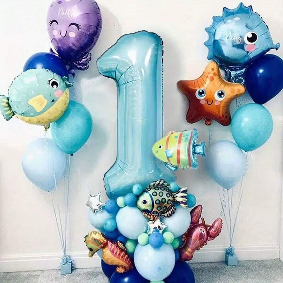 海洋主题45件套气球套装，适合派对——包含40英寸铝膜数字气球（1或2）、海洋生物造型气球和乳胶气球——是生日、婚礼、周年纪念日和夏季庆祝活动的理想之选，适合14岁及以上人群。 - 彩色 - 查看 1