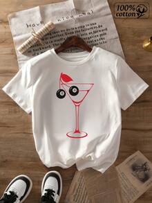 Women's Casual Cotton Round Neck Short Sleeve T-Shirt With Martini Glass Graphic Print, Regular Length Drop Shoulder Top - trắng - Xem 2