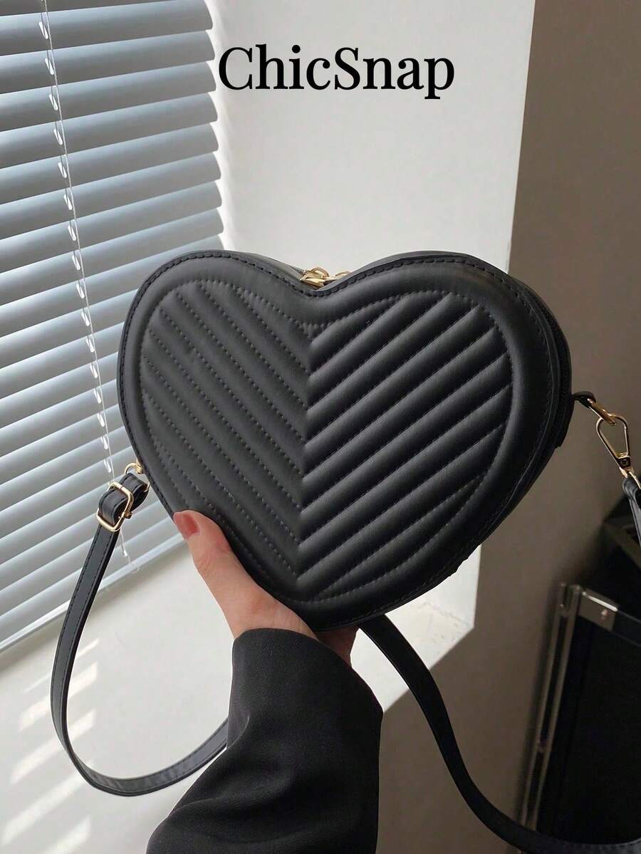 V 形压花 PU 纯色心形女士单肩包，浪漫风格，情人节礼物适合购物、钱包、购物、年轻女性、大学生、新婚夫妇、白领。非常适合办公室、大学、工作、商务、通勤、户外活动、旅行和野餐 - 黑色 - 查看 1