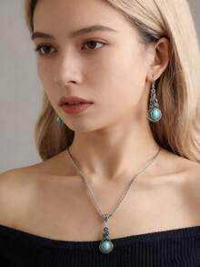 男女通用3件套项链耳环套装，复古风格，蓝色水晶镶嵌绿松石吊坠，配灯笼链首饰